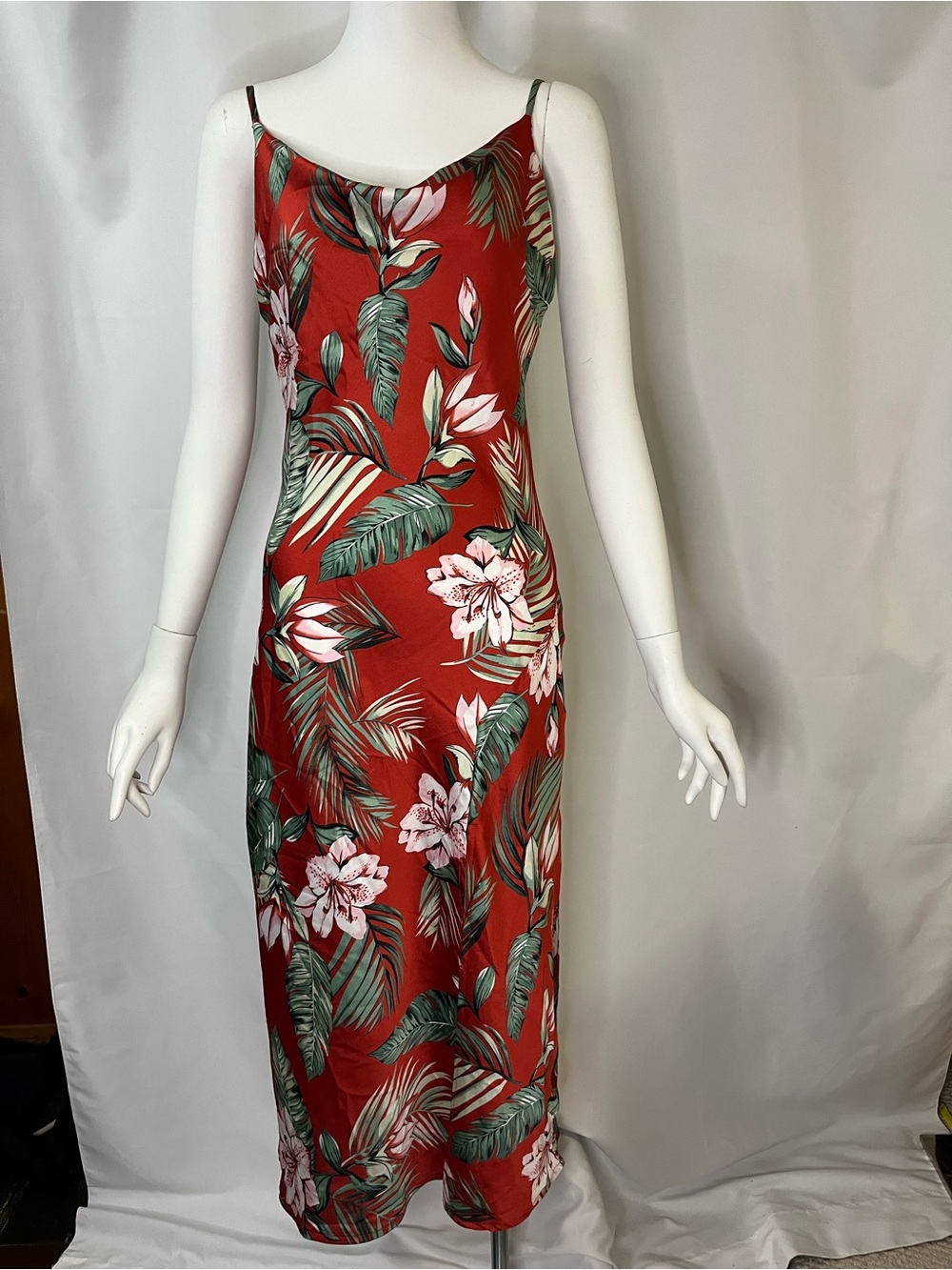 Red Tropical Slip Maxi Dress with Floral Print